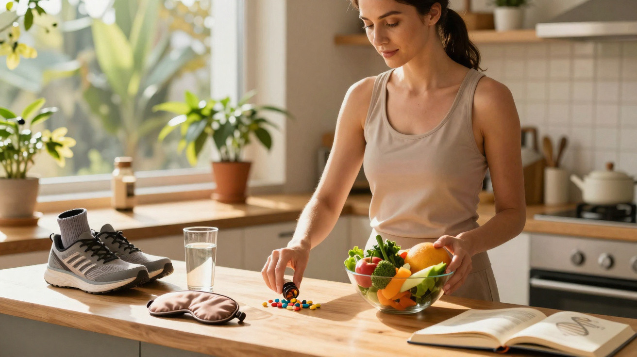 Mulher em cozinha pega suplementos com tigela de frutas e vegetais, ténis, copo de água e livro aberto na bancada.
