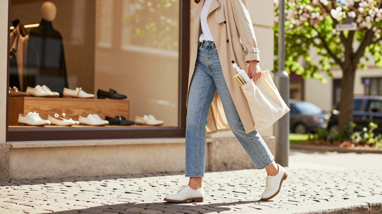 Mulher com trenó clássico e jeans azuis a caminhar na rua junto a montra de sapatos.