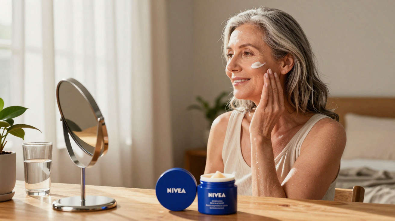 Mulher madura aplica creme facial Nivea sentada à mesa com espelho, planta e copo de água à frente.