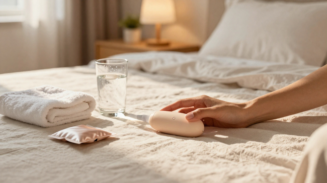 Mão segurando termómetro digital numa cama com toalha, saqueta e copo de água ao lado.