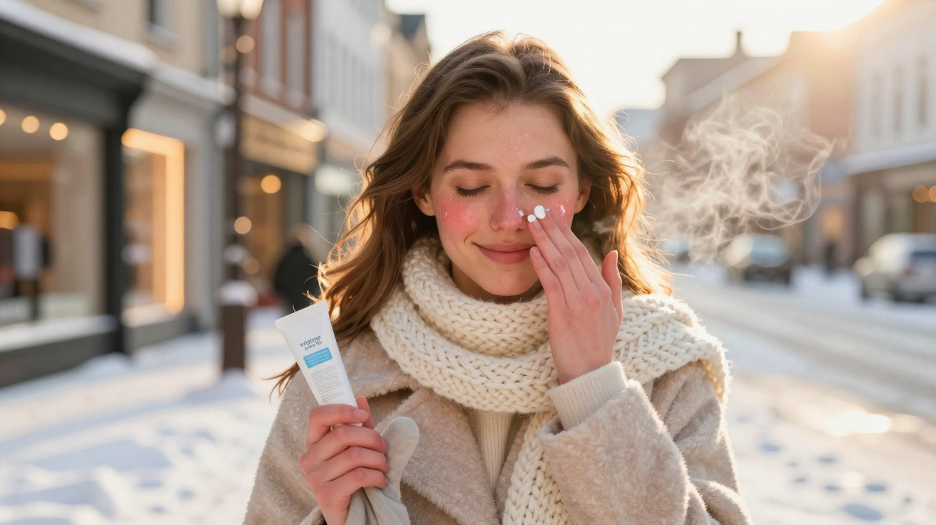 Mulher sorridente na rua nevada a aplicar creme hidratante no rosto durante o inverno.