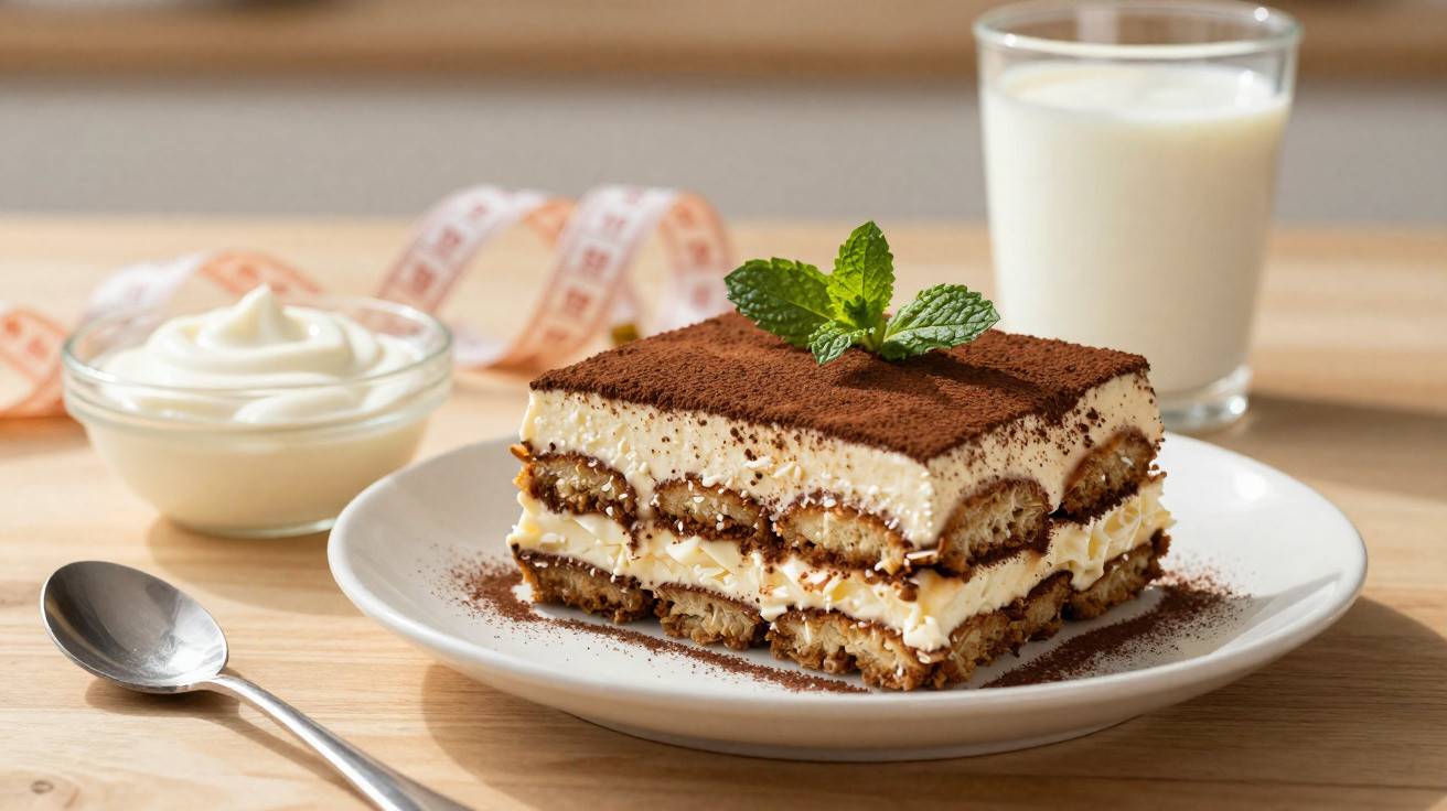 Fatias de tiramisu num prato branco, decoradas com folhas de hortelã, com copo de leite, colher e taça de creme ao fundo.
