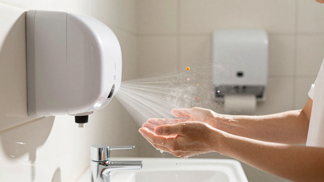 Secador automático de mãos em funcionamento num lavatório, com gotas de água visíveis no ar.