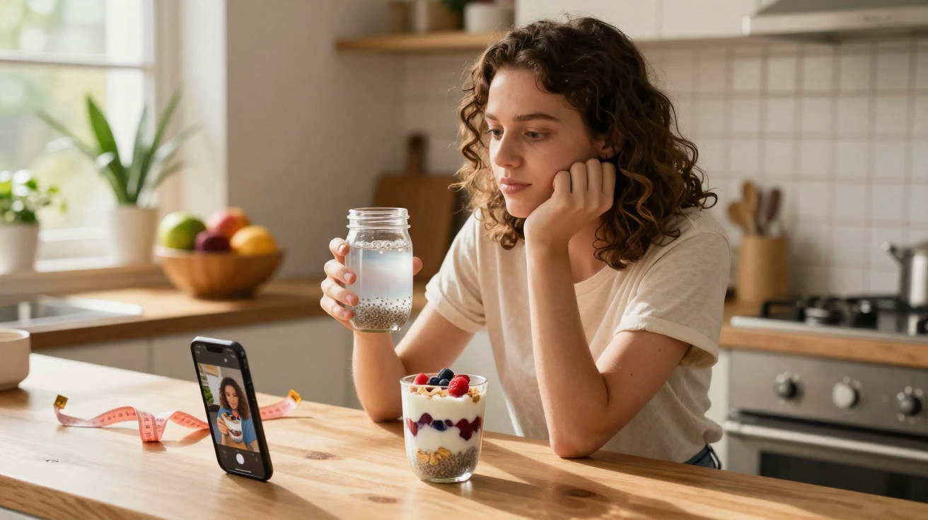 Mulher jovem sentada à mesa com um vidro de água, um iogurte com frutos vermelhos e um telemóvel em frente na cozinha.