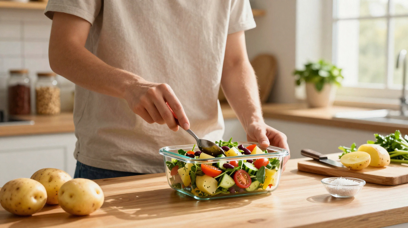 Pessoa a preparar salada com legumes frescos numa cozinha luminosa.