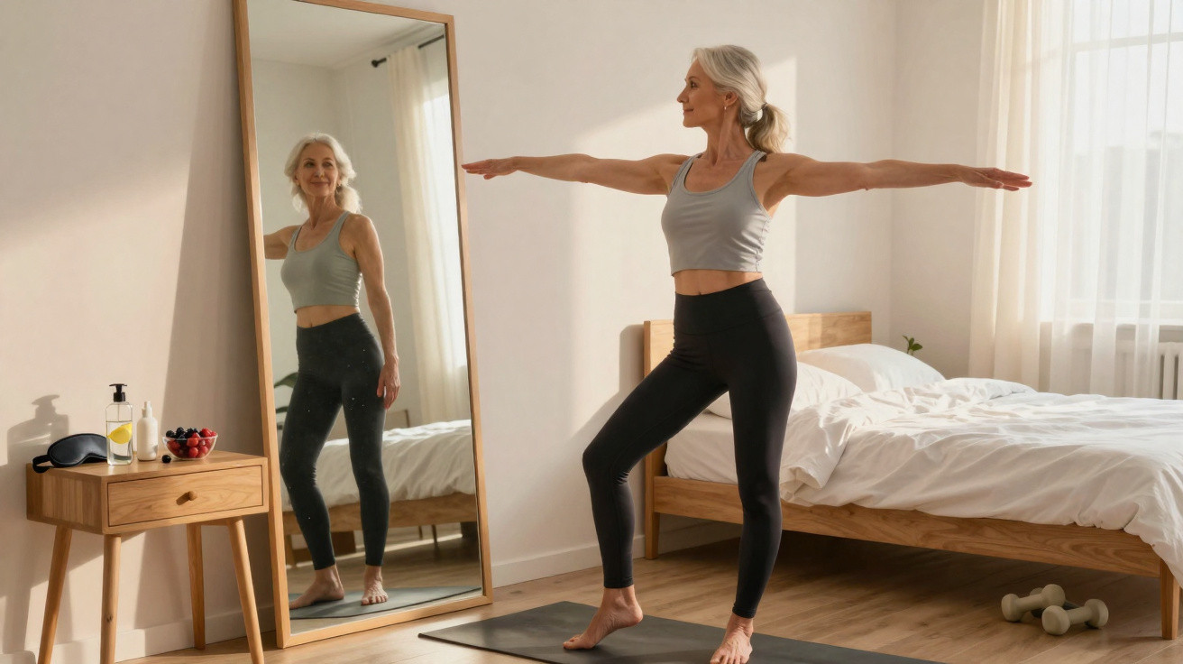 Mulher sénior a praticar yoga em frente a um espelho num quarto luminoso e acolhedor.