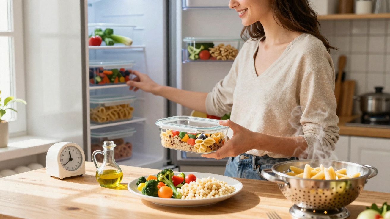 Mulher a guardar refeições saudáveis em recipiente na cozinha moderna, com alimentos frescos na bancada.