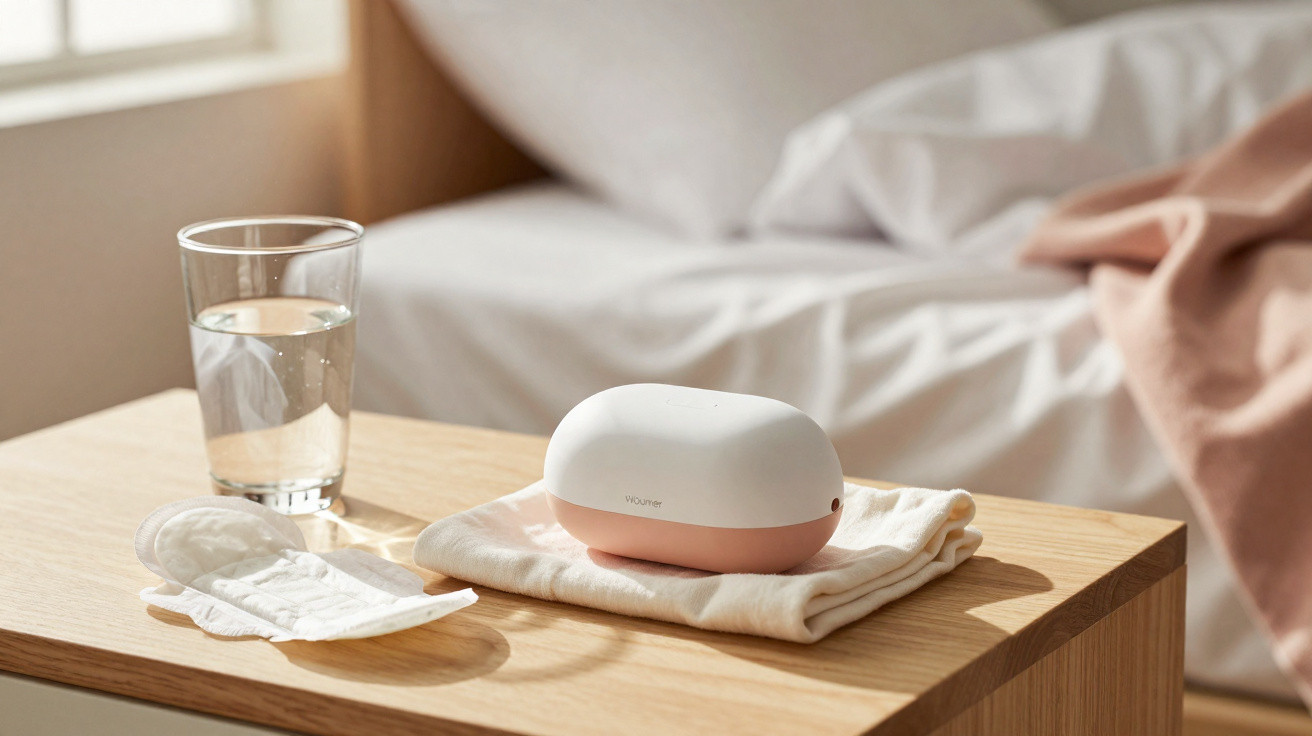 Caixa branca e rosa de dispositivo para cuidados íntimos sobre toalha e comprimido numa mesa junto a cama.
