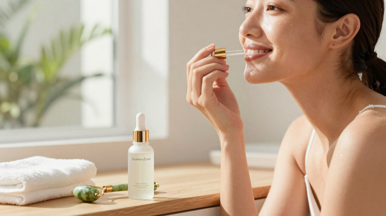 Mulher aplica sérum nos lábios com conta-gotas, com toalha e rolo facial numa bancada de madeira.