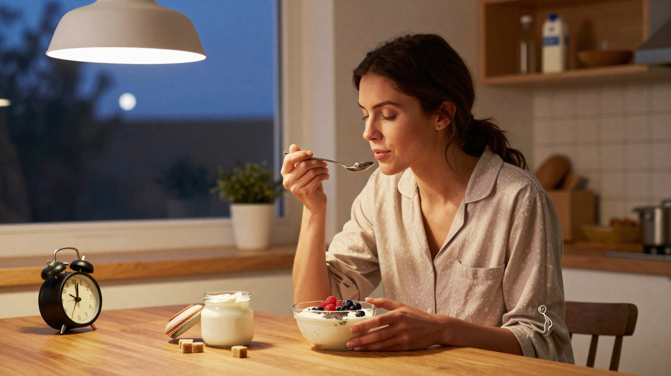 Mulher a comer iogurte com frutos vermelhos ao amanhecer, sentada à mesa da cozinha.