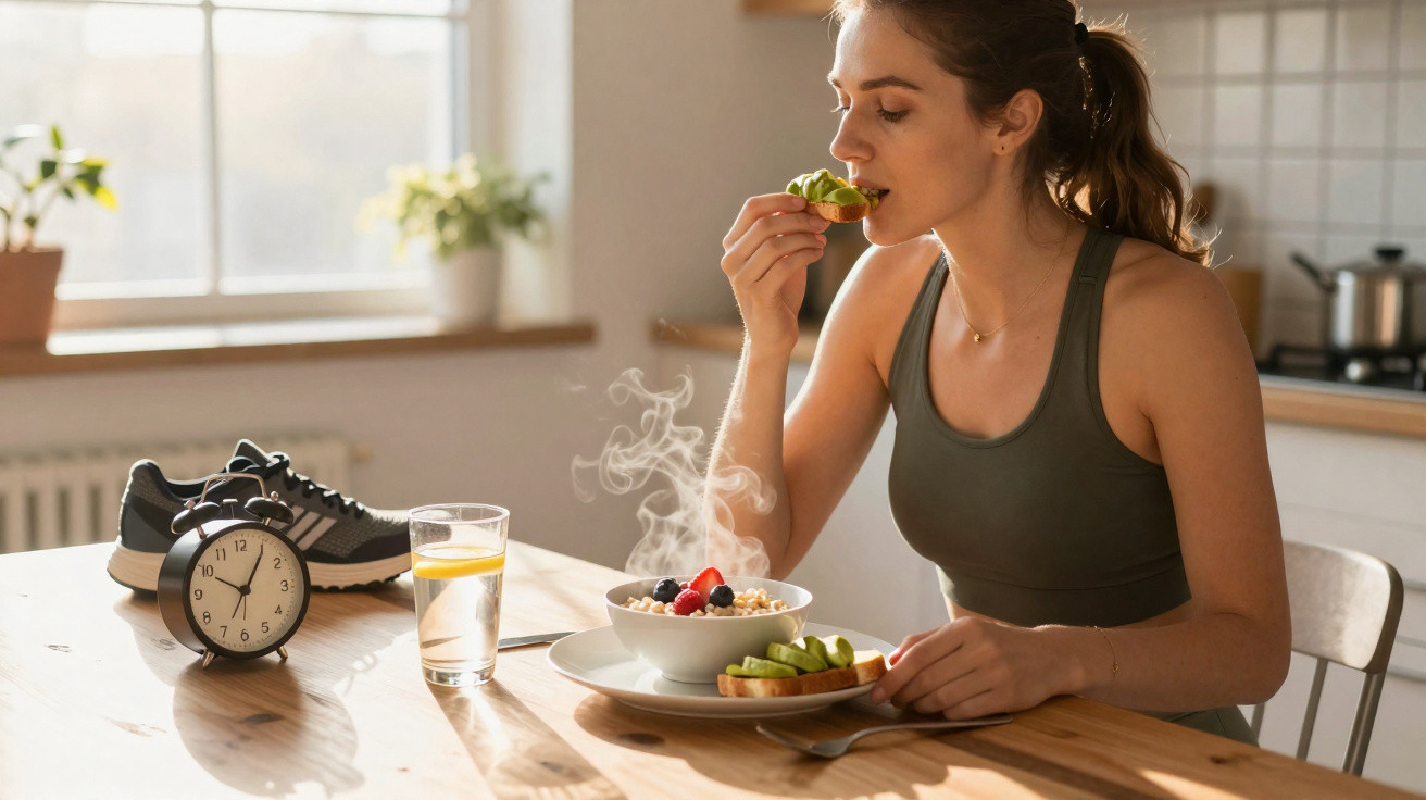 Mulher a comer torrada com abacate ao pequeno-almoço numa cozinha iluminada pelo sol.