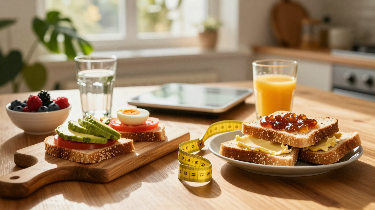 Mesa de madeira com pequeno-almoço saudável, incluindo tostas, fruta, sumo, água e fita métrica amarela.
