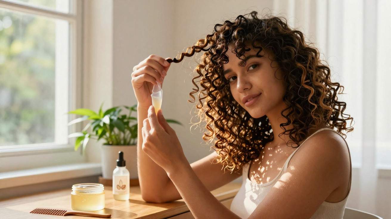 Mulher com cabelo cacheado a casa o cabelo usando um óleo capilar, sentada junto a uma janela com luz natural.