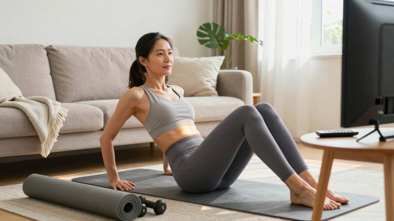 Mulher a praticar exercício em tapete de yoga numa sala com sofá e televisão.