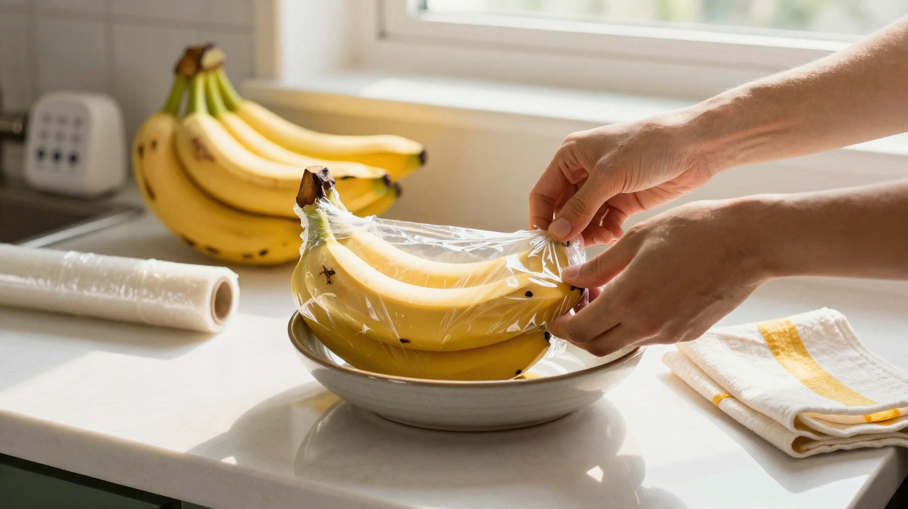 Mãos a embrulhar cachos de bananas com película aderente numa cozinha iluminada.