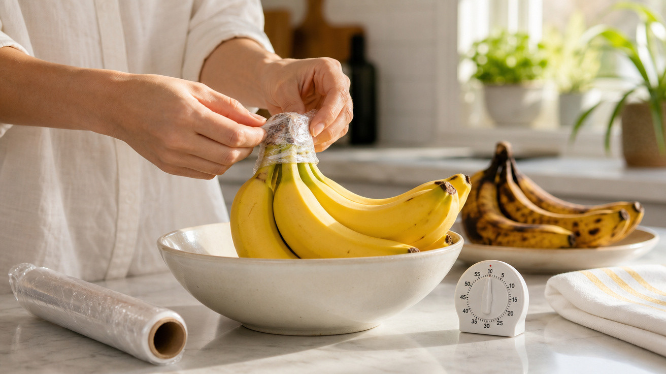 mãos a embrulhar um cacho de bananas com película aderente numa tigela branca numa bancada de cozinha.