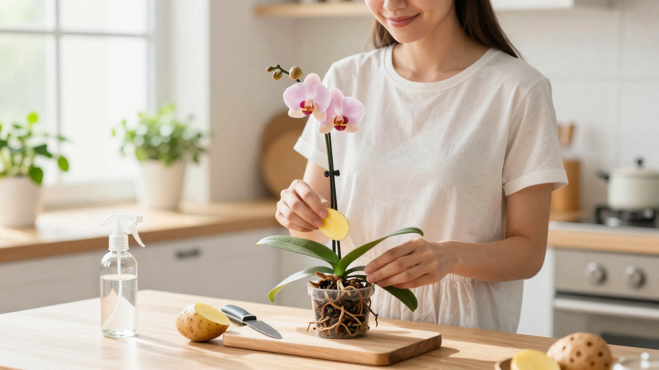 Mulher a cuidar de orquídea rosa numa cozinha iluminada, usando uma fatia de batata para limpar as folhas.