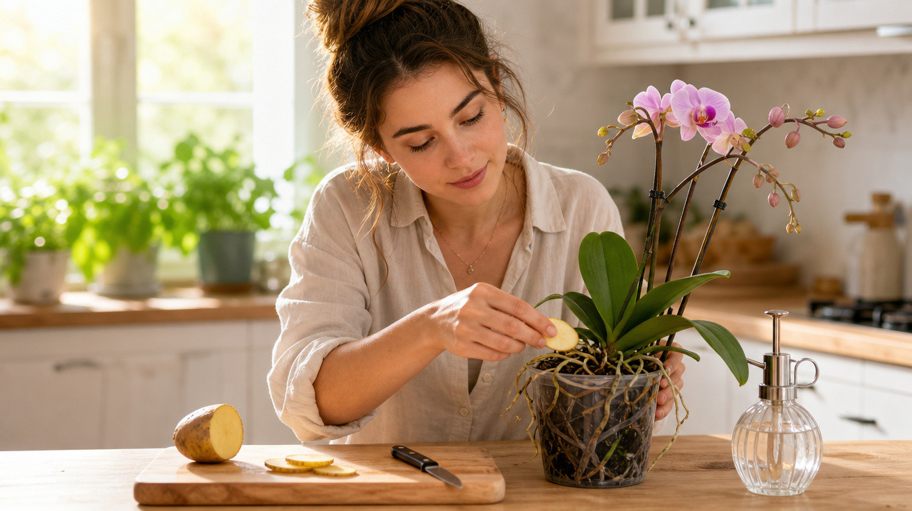 Mulher a cuidar de orquídea em vaso transparente numa cozinha com luz natural.