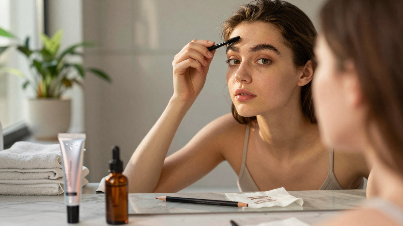 Mulher a pentear as sobrancelhas sentada em frente a um espelho com produtos de beleza numa mesa.