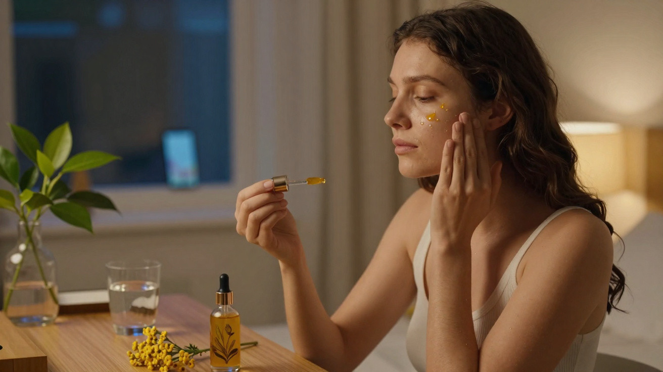 Mulher a aplicar sérum facial com conta-gotas num quarto acolhedor, com planta e candeeiro ao fundo.