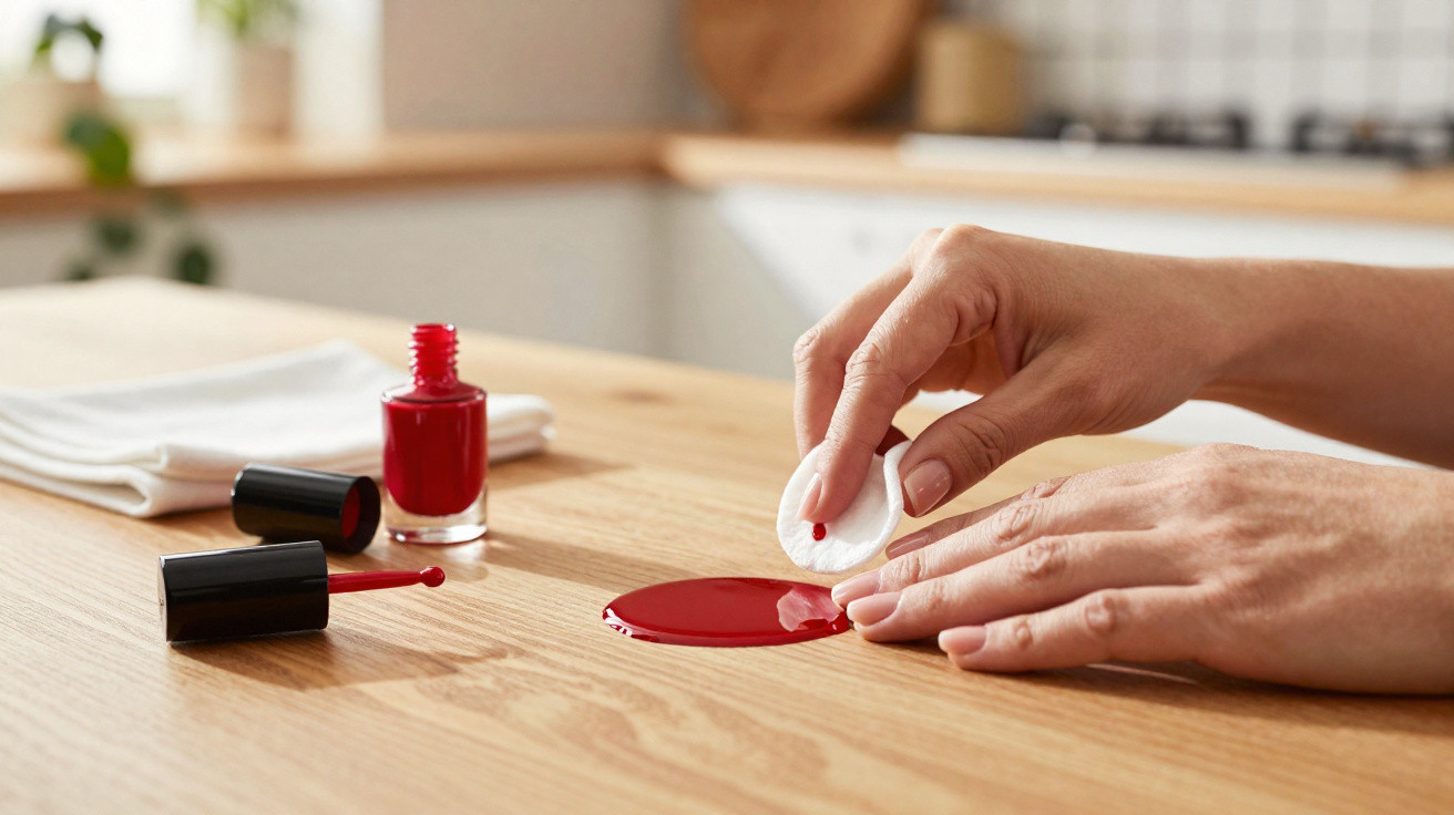 Mãos a limpar verniz vermelho derramado numa mesa de madeira com um disco de algodão.