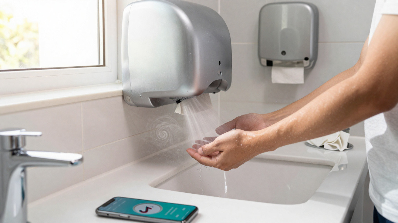 Mãos secas sob secador automático em casa de banho moderna com telemóvel na bancada.