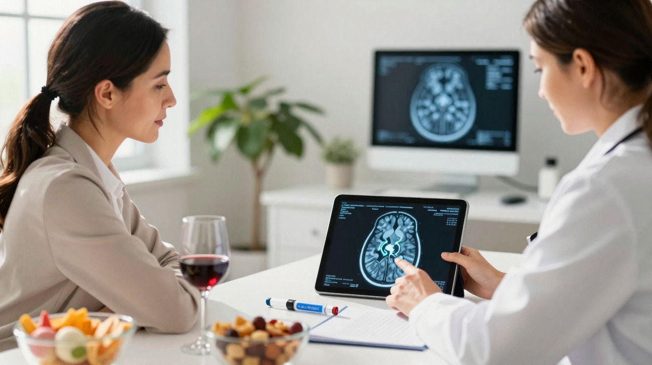 Médica a explicar ressonância magnética cerebral a mulher sentada com copo de vinho e snacks na mesa.