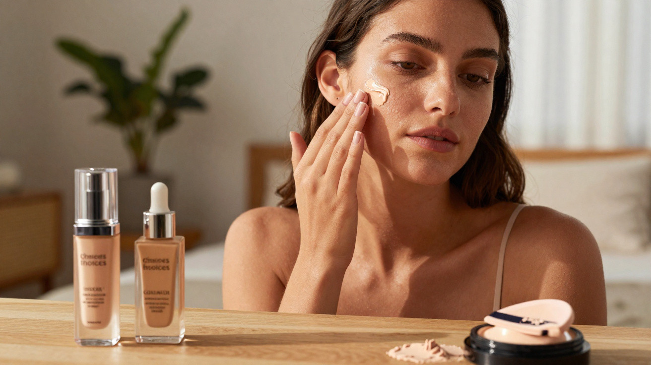 Mulher aplica creme de rosto enquanto se olha ao espelho com produtos de maquilhagem na mesa.