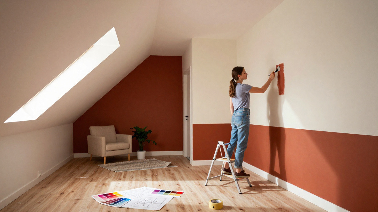 Mulher a pintar uma parede branca com tinta terracota num quarto com tecto inclinado e chão de madeira.