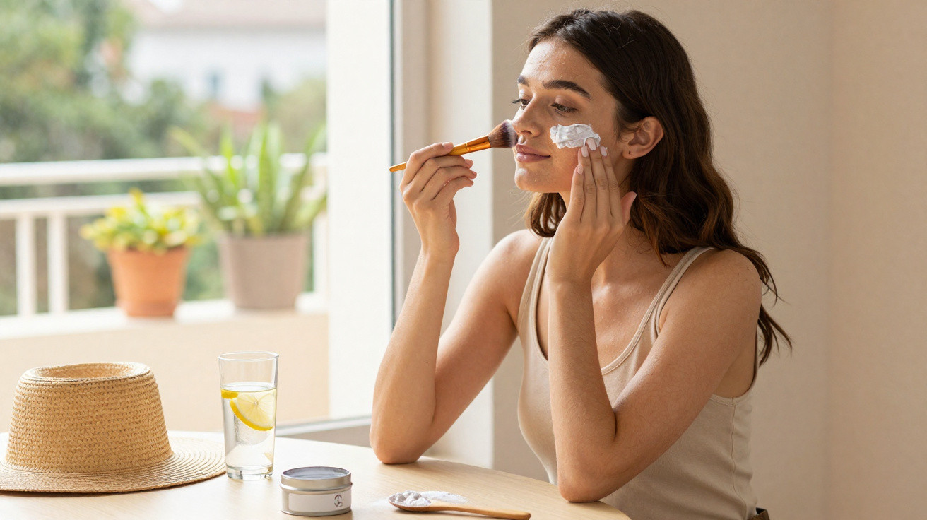 Mulher a aplicar máscara facial com pincel sentada à mesa com chapéu, creme e copo de água com limão.