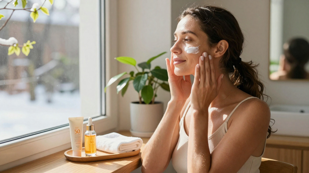Mulher aplica creme no rosto junto a janela com produtos de proteção solar numa bancada de madeira.