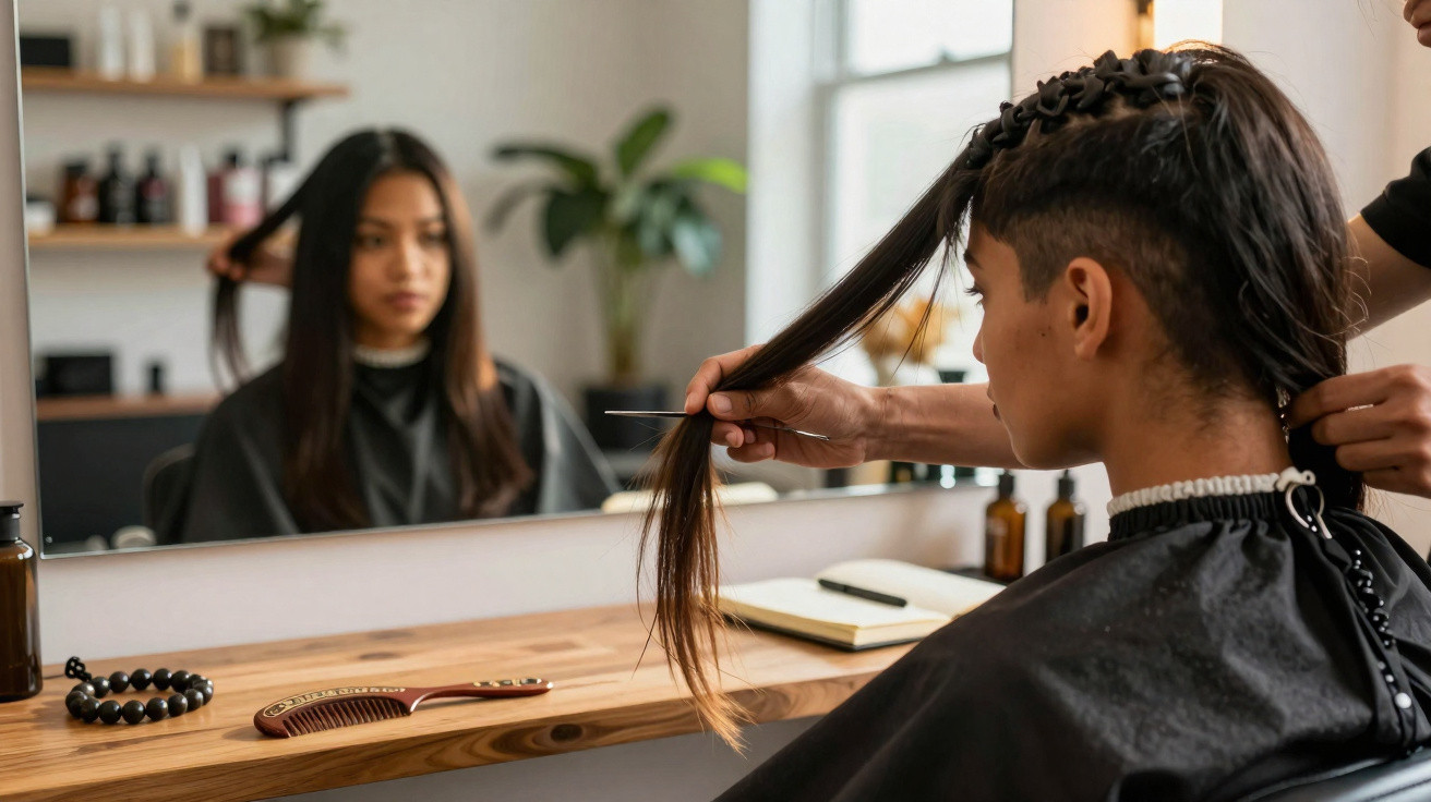 Mulher a olhar para o espelho enquanto o cabeleireiro penteia o seu cabelo num salão de cabeleireiro.