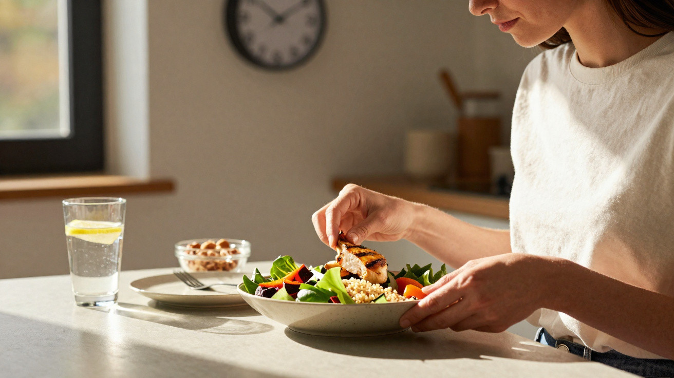Pessoa a comer salada saudável com legumes e frango grelhado numa cozinha luminosa.