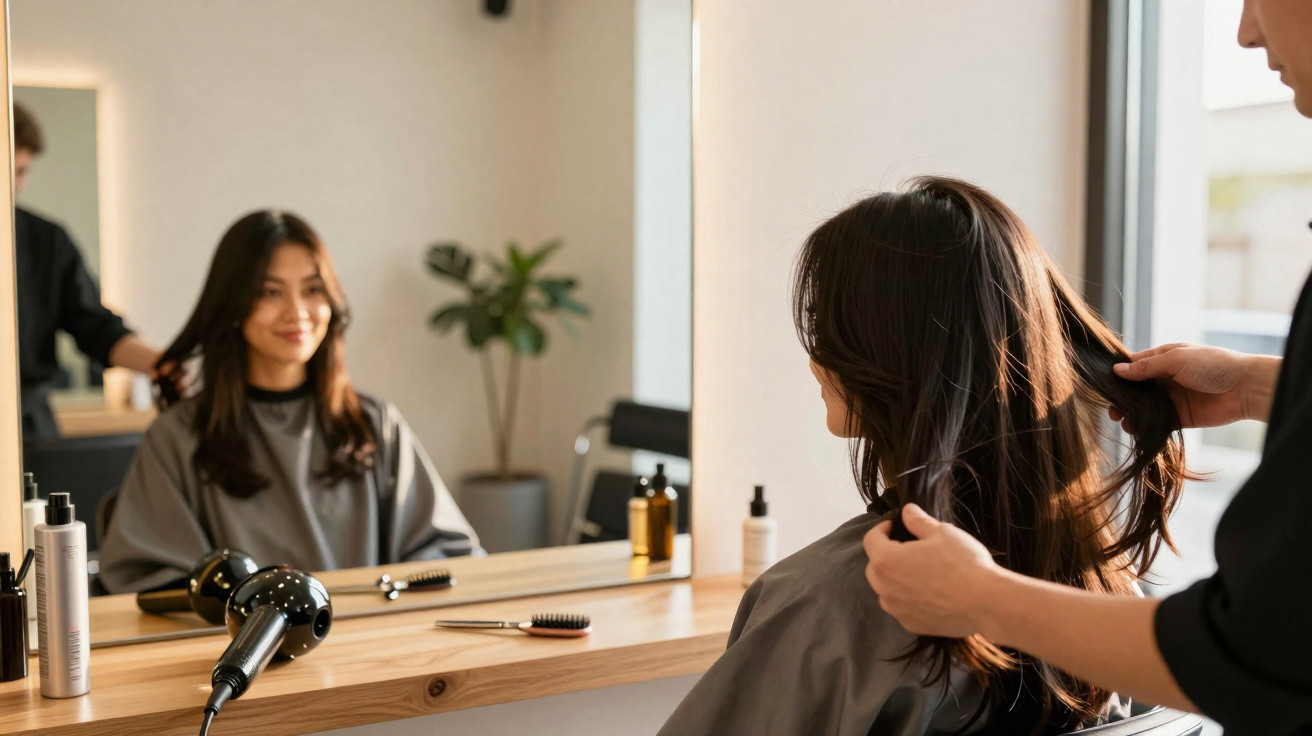 Mulher sorridente num salão de cabeleireiro a receber tratamento e penteado no cabelo.