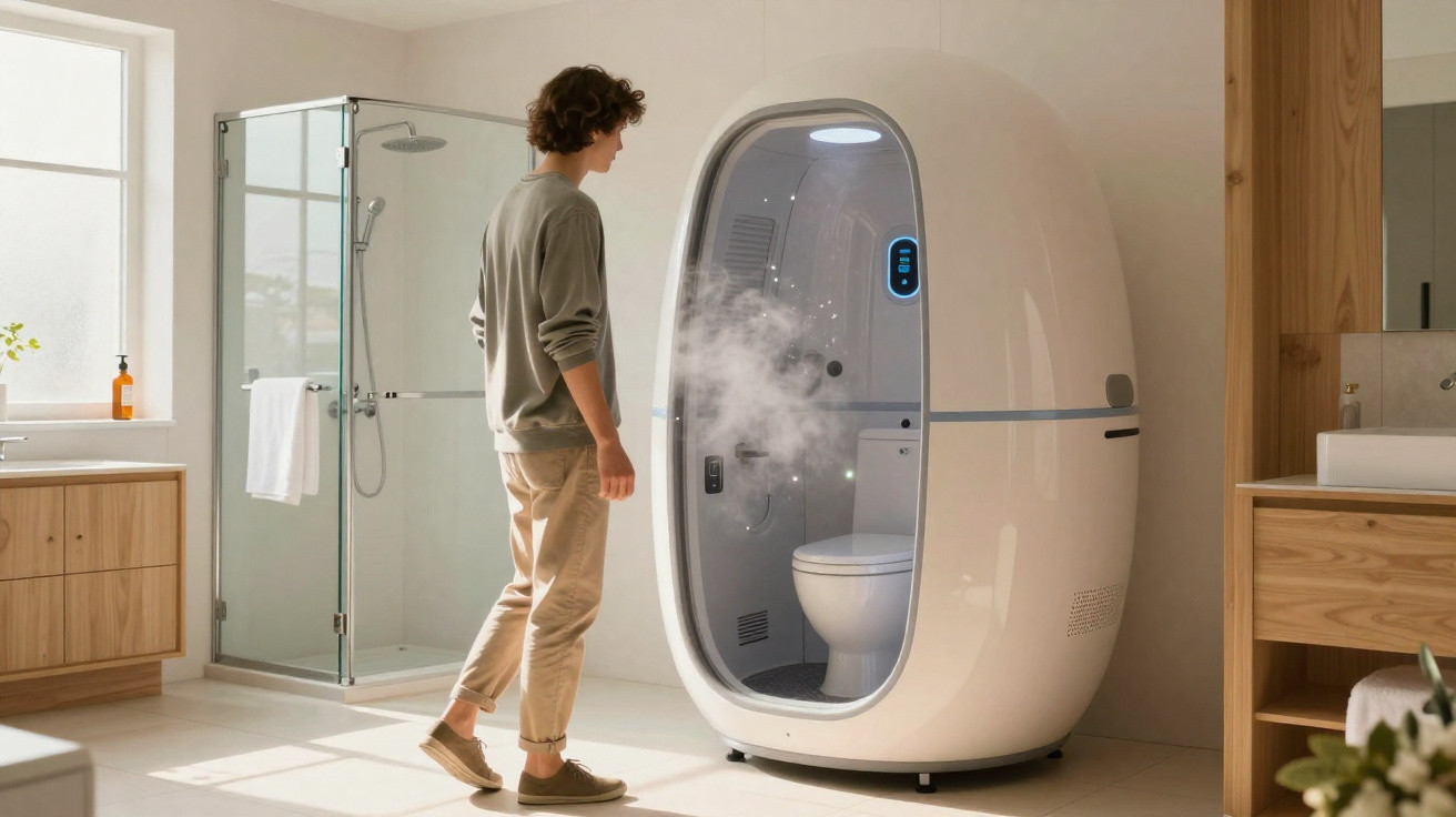 Homem observa cápsula branca futurista com vapor dentro de uma casa de banho moderna e luminosa.