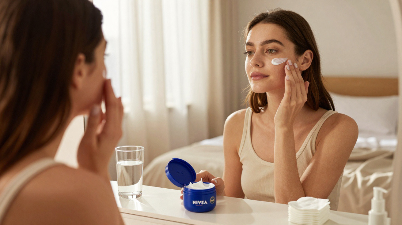 Mulher aplica creme hidratante no rosto sentada à frente de espelho com frasco azul de Nivea e copo de água.