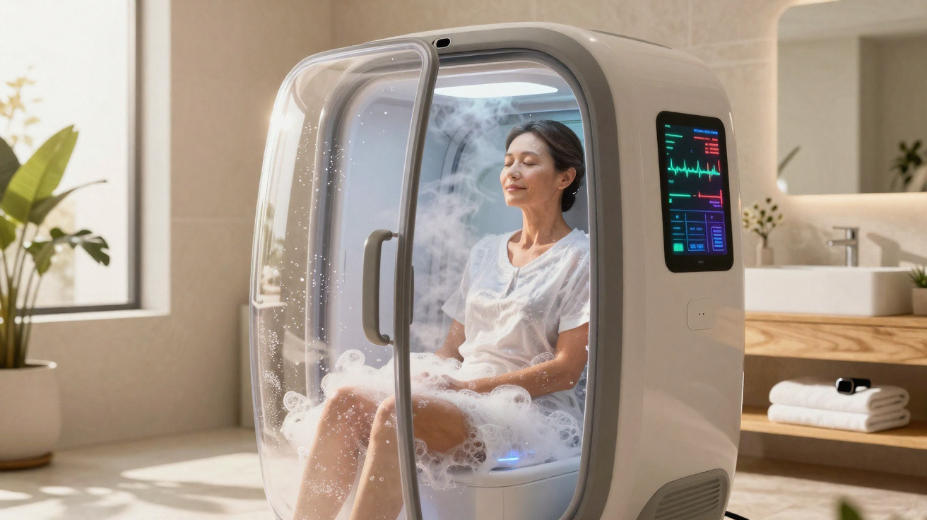 Mulher relaxa dentro de cápsula futurista com vapor e monitorização cardíaca numa casa de banho moderna.