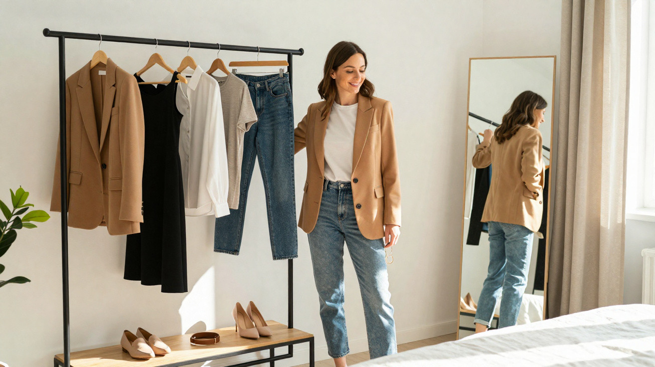 Mulher com blazer bege e jeans observa roupas numa arara num quarto iluminado.