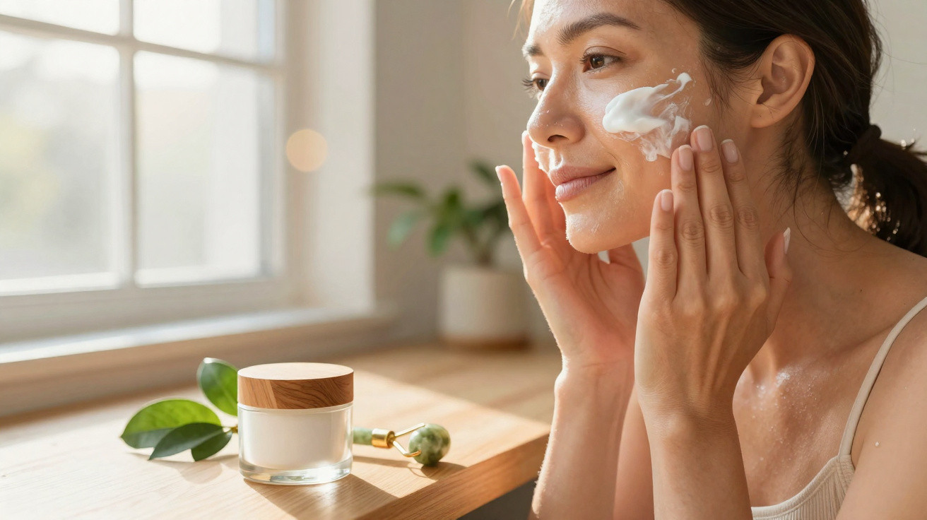 Mulher a aplicar creme hidratante no rosto, sentada junto a uma janela com luz natural.
