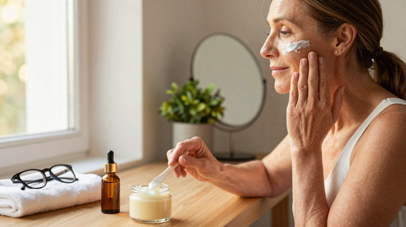 Mulher aplica creme no rosto sentada à secretária junto a janela com espelho, planta e frascos de cosméticos.