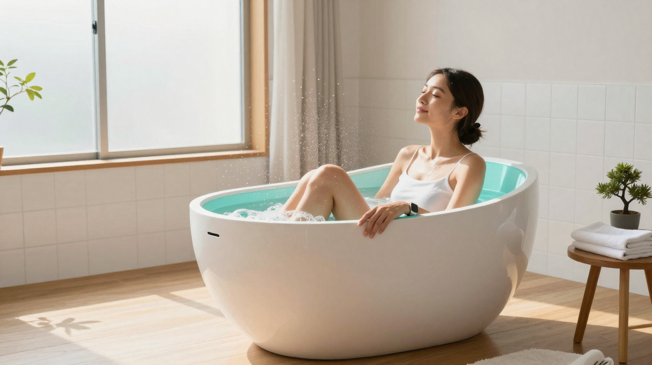 Mulher relaxa numa banheira moderna branca com água e espuma num ambiente luminoso e minimalista.