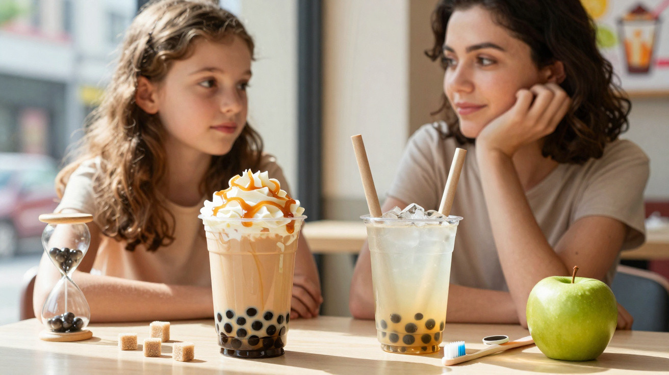 Duas raparigas sentadas à mesa com bebidas bubble tea e objetos variados num café iluminado.