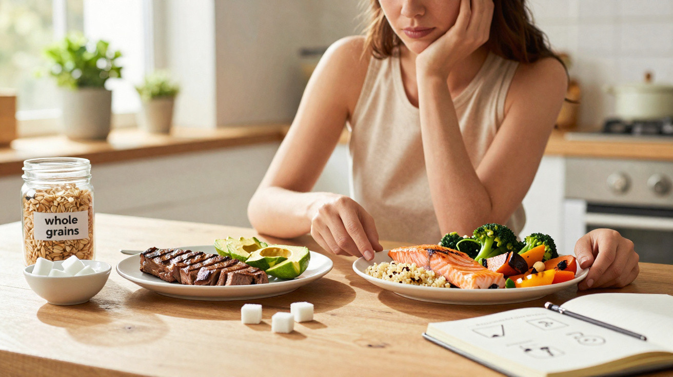 Mulher indecisa entre prato com carne e abacate e prato com salmão, quinoa e legumes na mesa da cozinha.