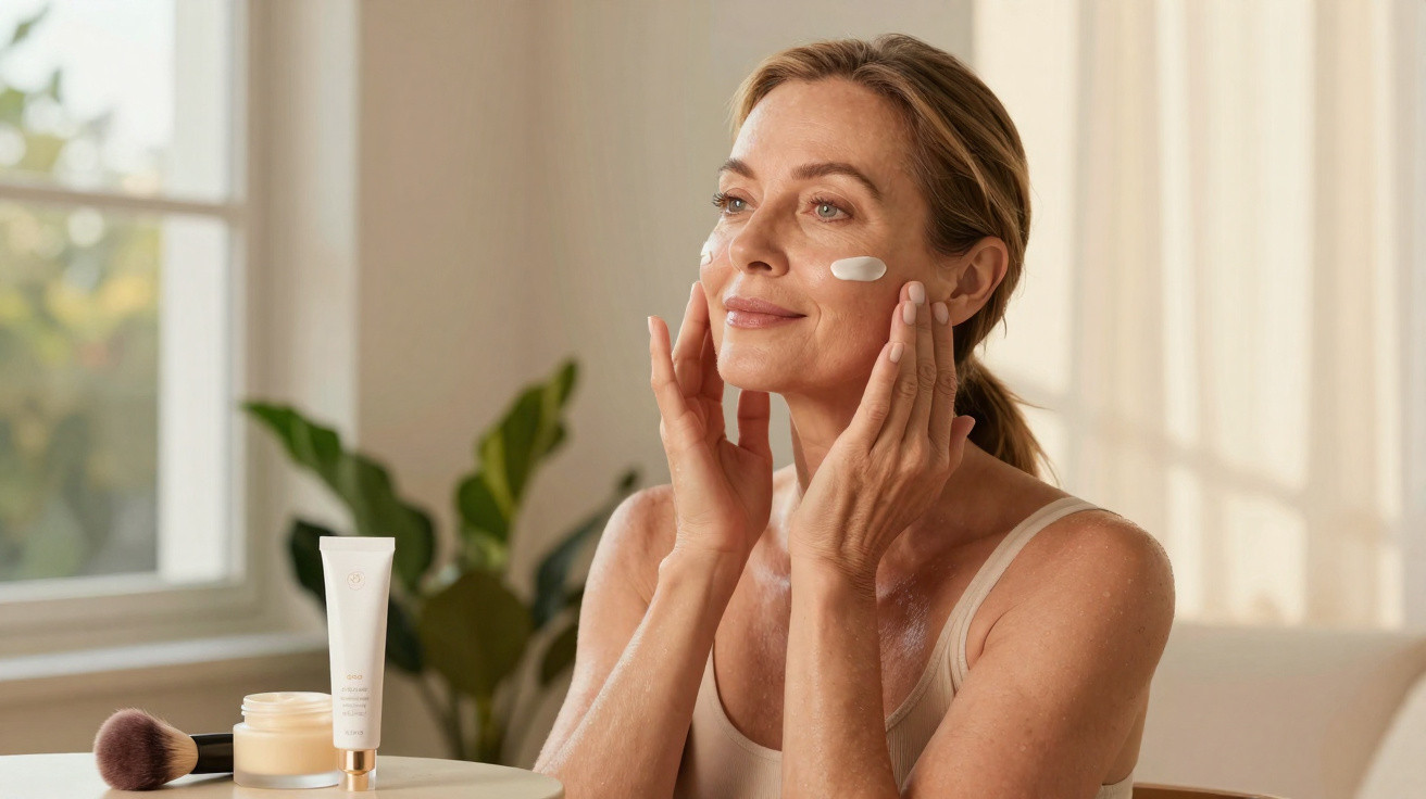 Mulher aplica creme hidratante no rosto sentada perto de uma janela com luz natural suave.