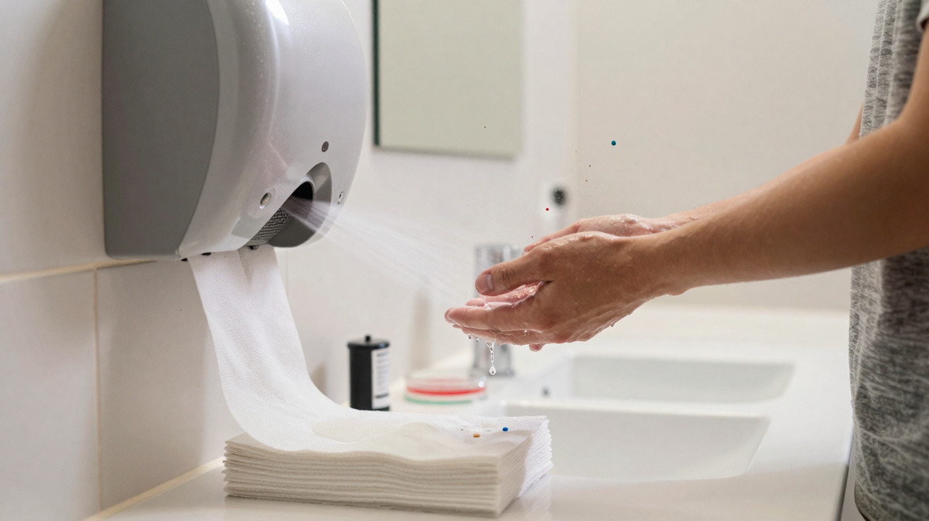 Pessoa a secar as mãos com secador automático num lavabo branco com várias toalhetes de papel.