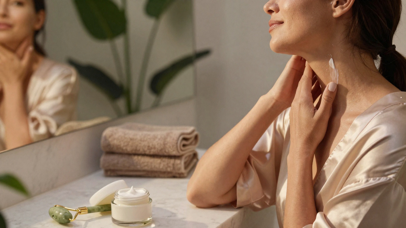 Mulher a cuidar da pele do pescoço em frente a um espelho, com creme e rolo facial numa bancada.