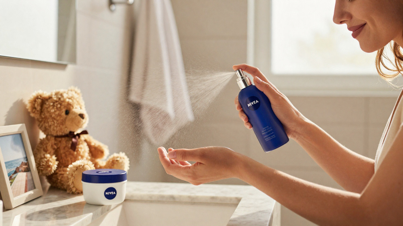 Mulher a aplicar spray de hidratação Nivea nas mãos numa casa de banho iluminada.