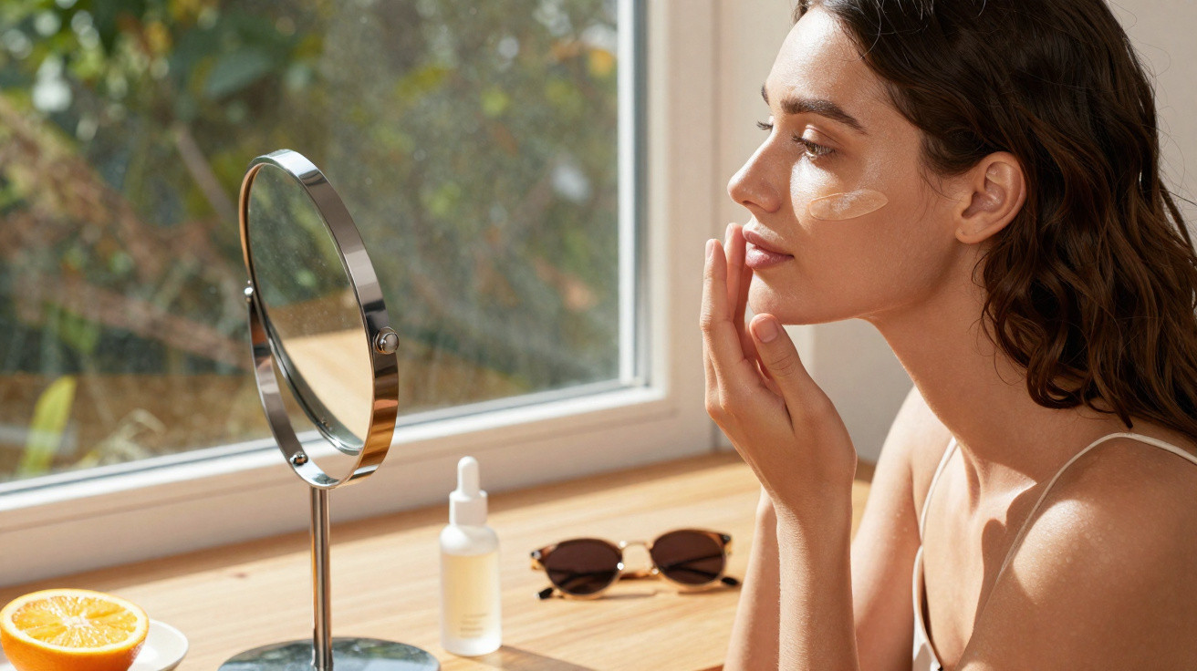 Mulher aplica creme no rosto sentada junto a uma janela com espelho e produtos de beleza na mesa.