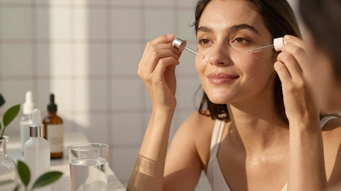 Mulher a aplicar sérum facial com conta-gotas num rosto iluminado pela luz natural.