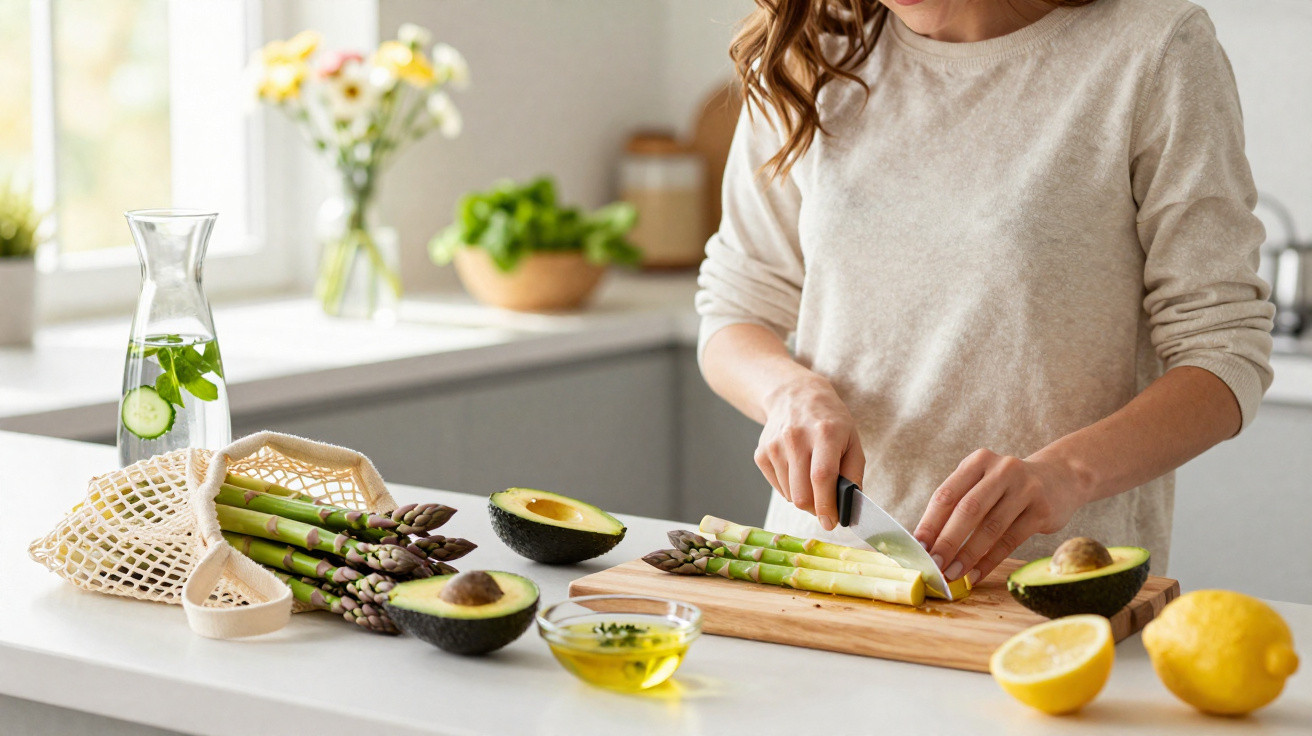 Mulher a cortar espargos numa tábua de cozinha com abacate, limão e azeite ao lado.